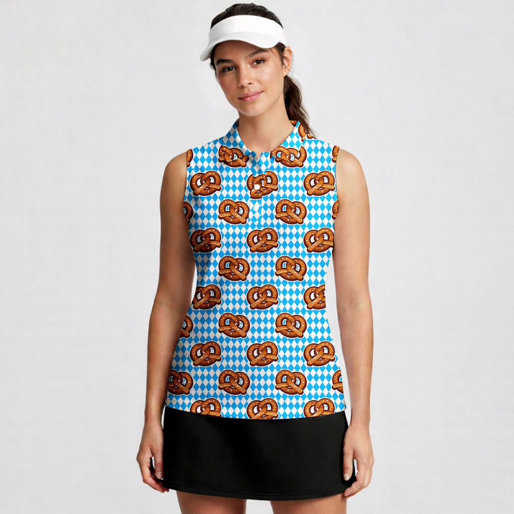 Oktoberfest Pretzels Blue Checkered-Women Sleeveless Polo Shirt-Gerbera Prints