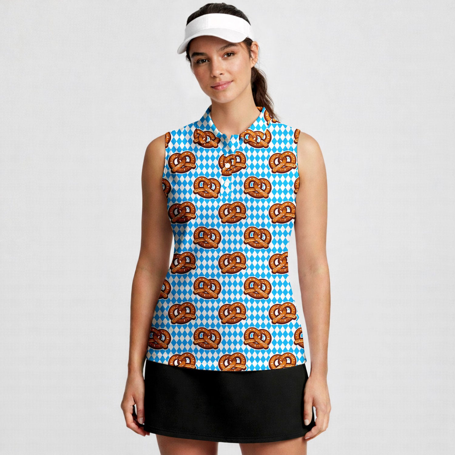 Oktoberfest Pretzels Blue Checkered-Women Sleeveless Polo Shirt-Gerbera Prints