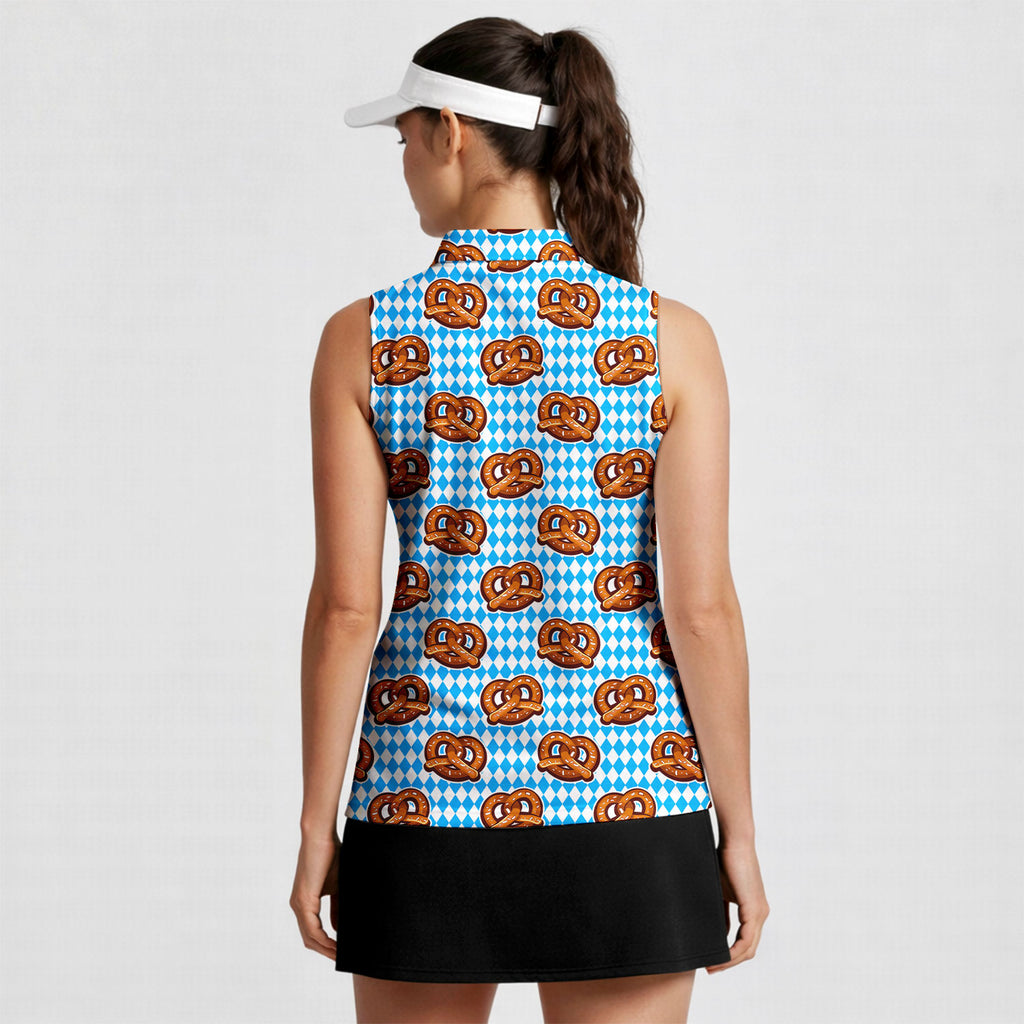 Oktoberfest Pretzels Blue Checkered-Women Sleeveless Polo Shirt-Gerbera Prints