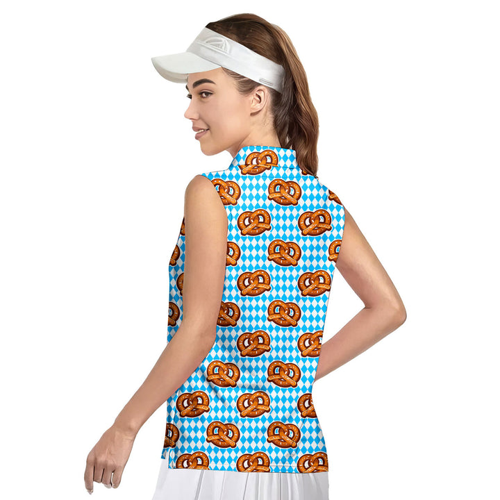 Oktoberfest Pretzels Blue Checkered - Ladies Sleeveless Golf Polo Shirt