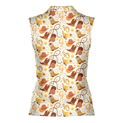 Cowboy Cowgirl Gift For Western Lovers Flat Western Items Retro Vintage - Ladies Sleeveless Golf Polo Shirt