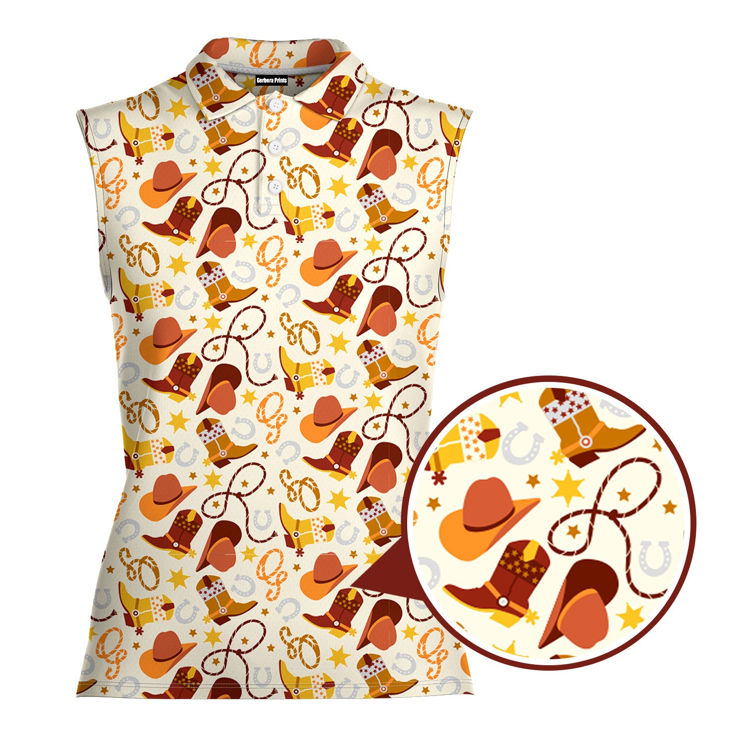 Retro Western Cowgirl-Women Sleeveless Polo Shirt-Gerbera Prints