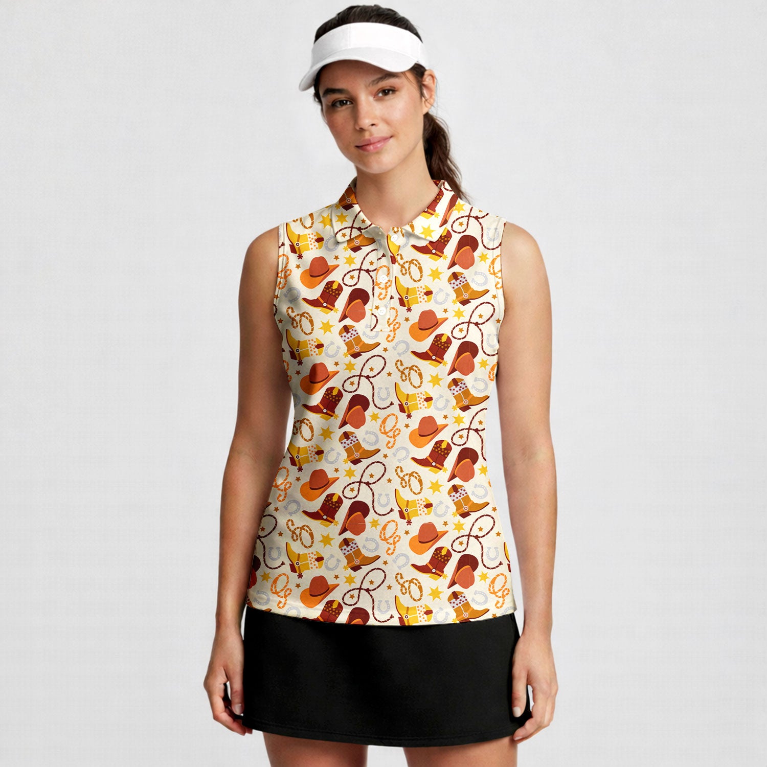 Retro Western Cowgirl-Women Sleeveless Polo Shirt-Gerbera Prints