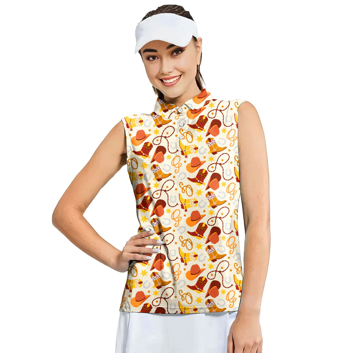 Cowboy Cowgirl Gift For Western Lovers Flat Western Items Retro Vintage - Ladies Sleeveless Golf Polo Shirt
