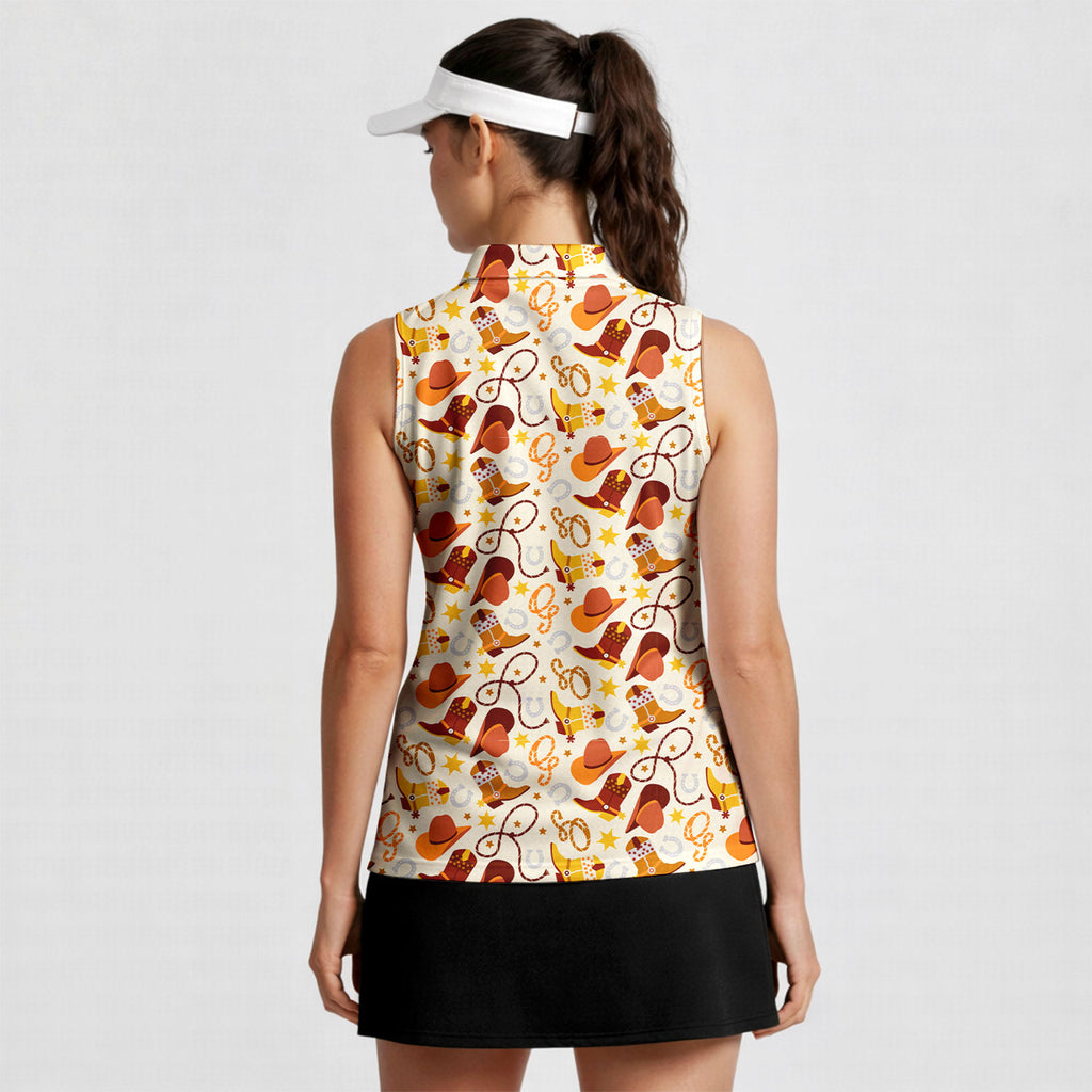 Retro Western Cowgirl-Women Sleeveless Polo Shirt-Gerbera Prints