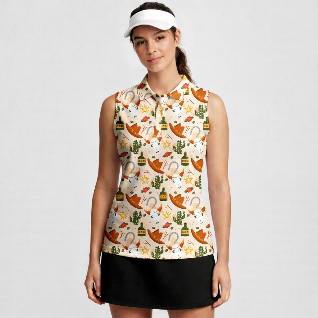 Cowboy Cowgirl Gift For Western Lovers Light Orange-Women Sleeveless Polo Shirt-Gerbera Prints