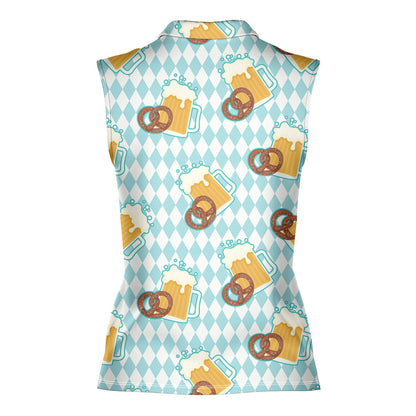 Oktoberfest Beer And Pretzels Blue Checkered - Ladies Sleeveless Golf Polo Shirt