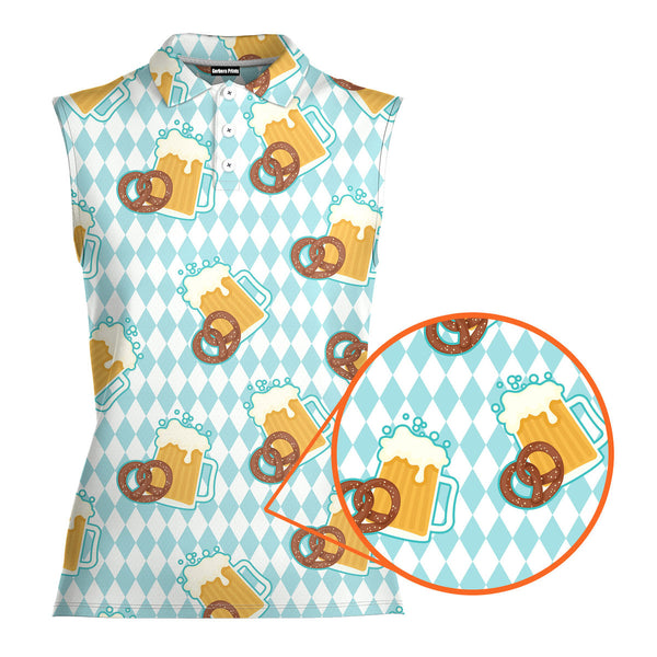 Oktoberfest Beer And Pretzels Blue Checkered - Ladies Sleeveless Golf Polo Shirt