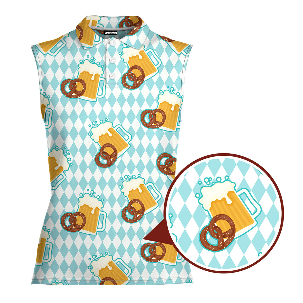 Oktoberfest Beer And Pretzels Blue Checkered-Women Sleeveless Polo Shirt-Gerbera Prints