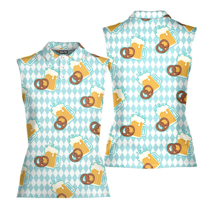 Oktoberfest Beer And Pretzels Blue Checkered - Ladies Sleeveless Golf Polo Shirt