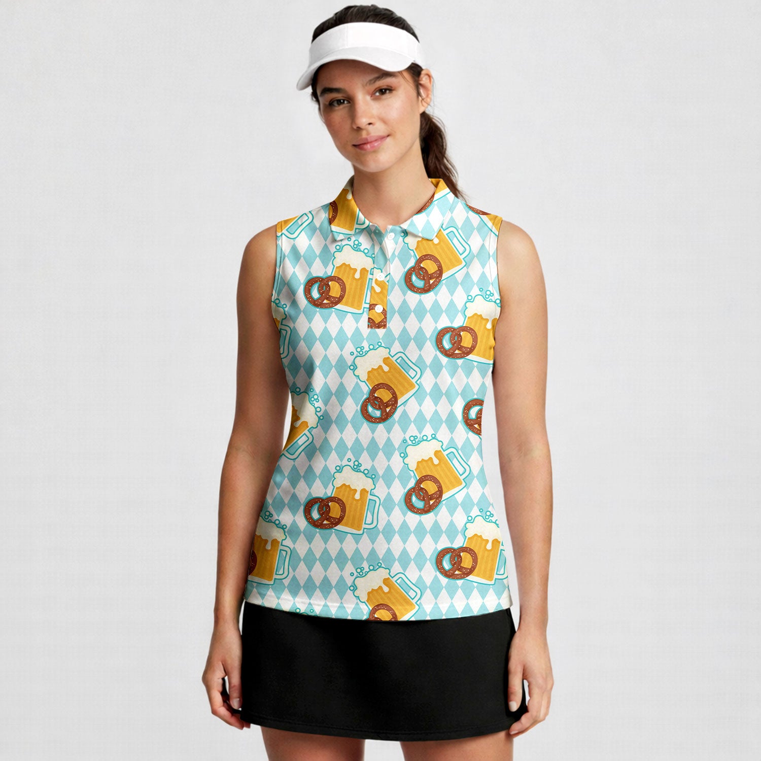 Oktoberfest Beer And Pretzels Blue Checkered-Women Sleeveless Polo Shirt-Gerbera Prints