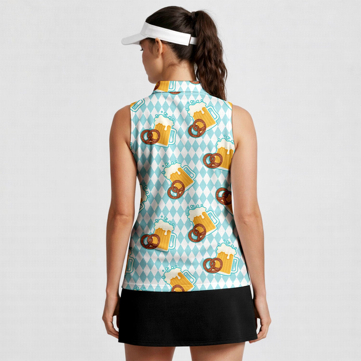 Oktoberfest Beer And Pretzels Blue Checkered-Women Sleeveless Polo Shirt-Gerbera Prints