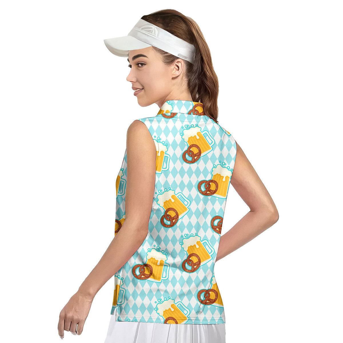 Oktoberfest Beer And Pretzels Blue Checkered - Ladies Sleeveless Golf Polo Shirt