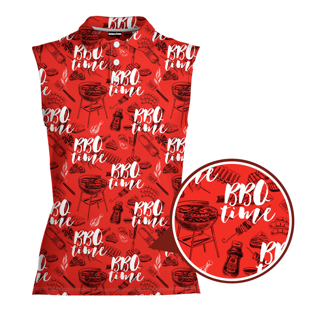 Grill And Barbecue National BBQ Day Red-Women Sleeveless Polo Shirt-Gerbera Prints