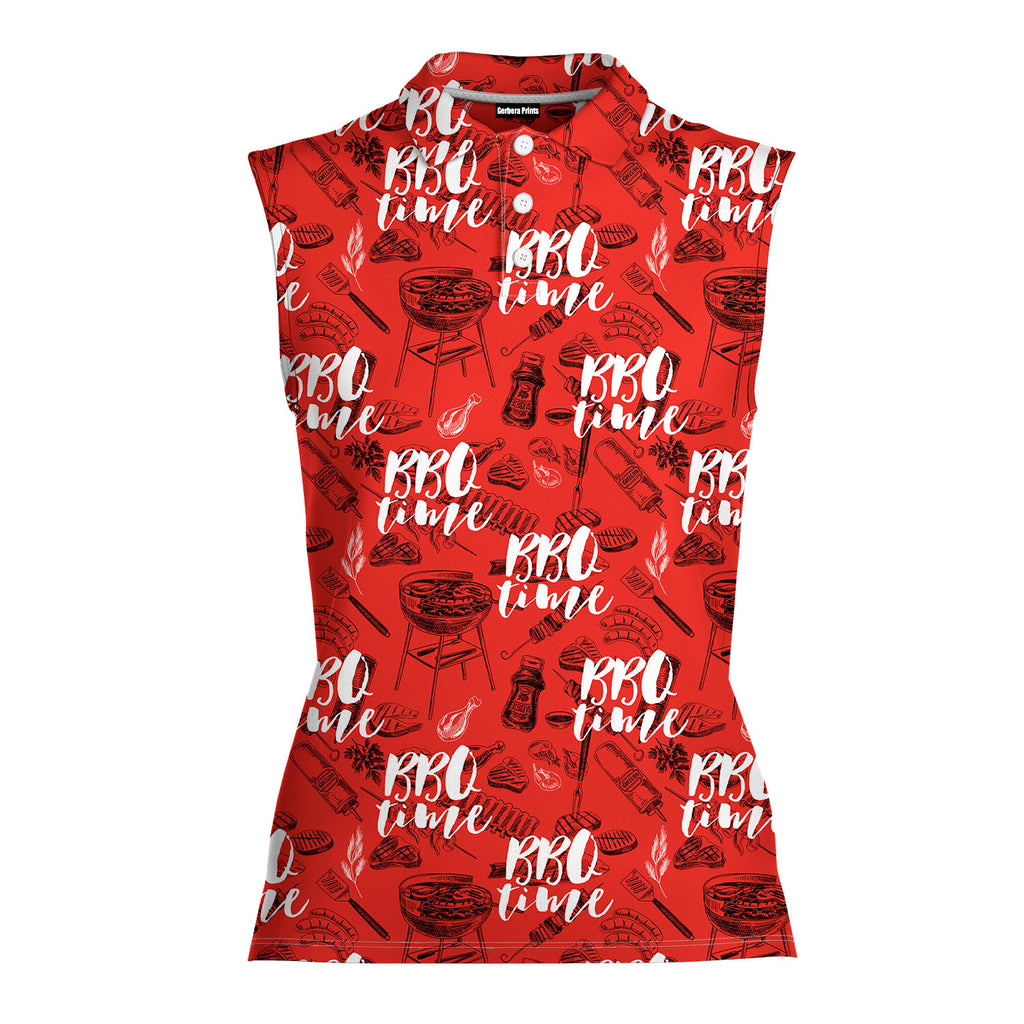 Grill And Barbecue National BBQ Day Red-Women Sleeveless Polo Shirt-Gerbera Prints