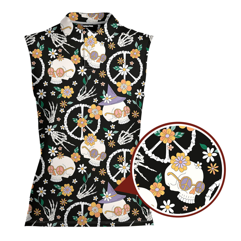 Hippy Bony-Women Sleeveless Polo Shirt-Gerbera Prints