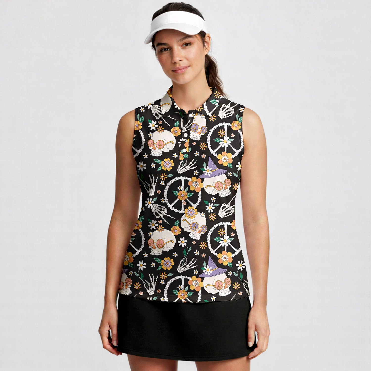 Hippy Bony-Women Sleeveless Polo Shirt-Gerbera Prints