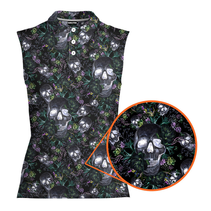 Skull Florals Halloween Style - Ladies Sleeveless Golf Polo Shirt