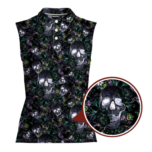 Skull Florals Halloween Style-Women Sleeveless Polo Shirt-Gerbera Prints
