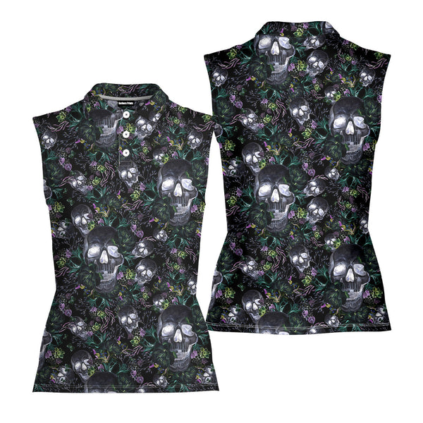 Skull Florals Halloween Style - Ladies Sleeveless Golf Polo Shirt