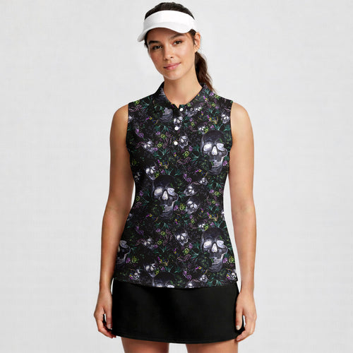 Skull Florals Halloween Style-Women Sleeveless Polo Shirt-Gerbera Prints