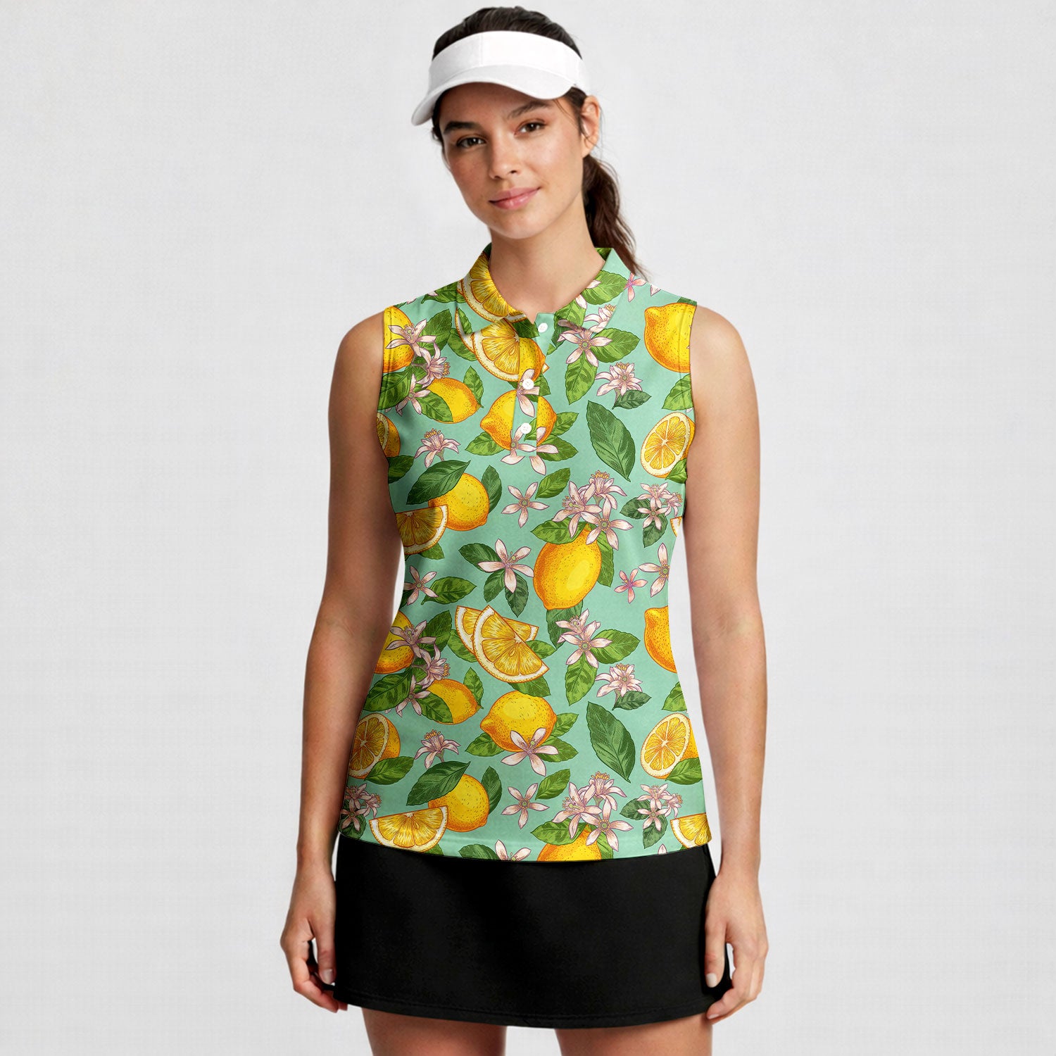Lemon Tropical-Women Sleeveless Polo Shirt-Gerbera Prints