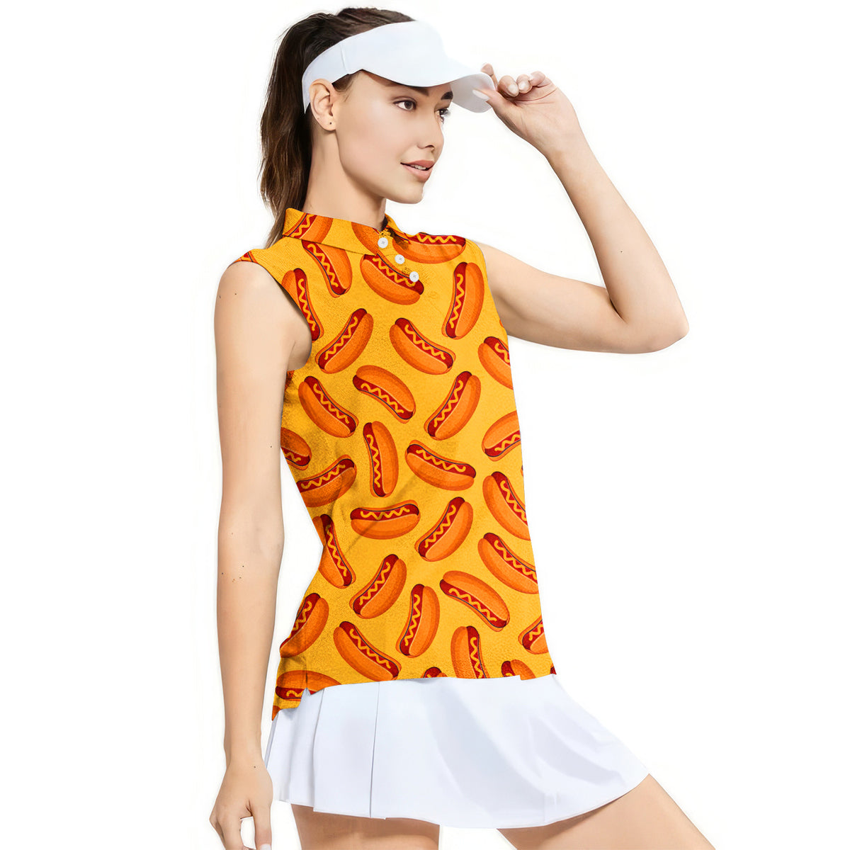 Love Hot Dog - Ladies Sleeveless Golf Polo Shirt, Performance Golf Shirt, Golf Women, Gerbera Prints, XS Love Hot Dog - Ladies Sleeveless Golf Polo Shirt, Performance Golf Shirt, Golf Women, Gerbera Prints, XS