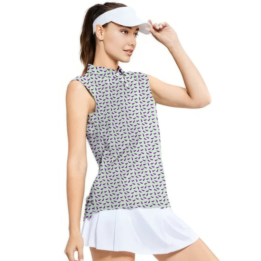 Eggplant-Women Sleeveless Polo Shirt-Gerbera Prints