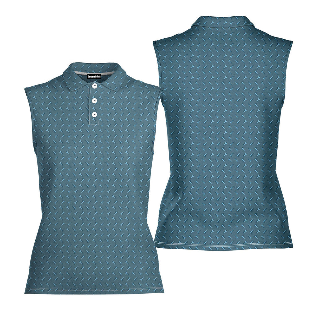 Frank and Beans Blue-Women Sleeveless Polo Shirt-Gerbera Prints