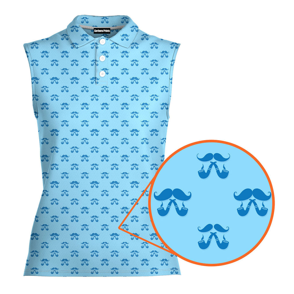 Moustache Blue-Women Sleeveless Polo Shirt-Gerbera Prints