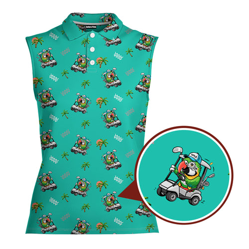 Parrot Drives Golf Cart-Women Sleeveless Polo Shirt-Gerbera Prints