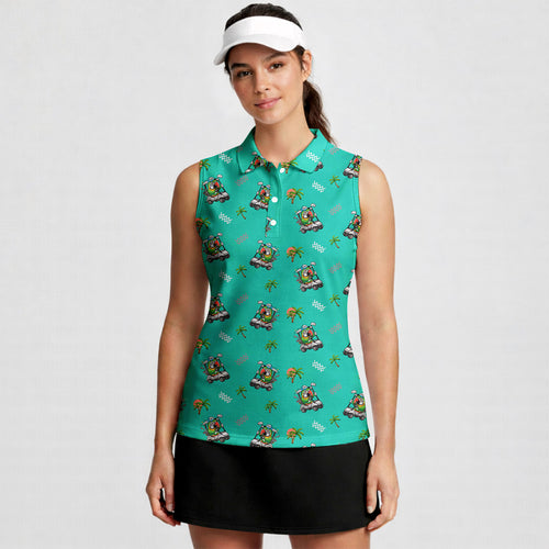 Parrot Drives Golf Cart-Women Sleeveless Polo Shirt-Gerbera Prints