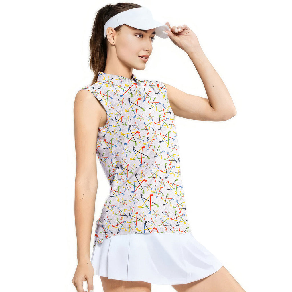 On Par Lets Play Throught-Women Sleeveless Polo Shirt-Gerbera Prints