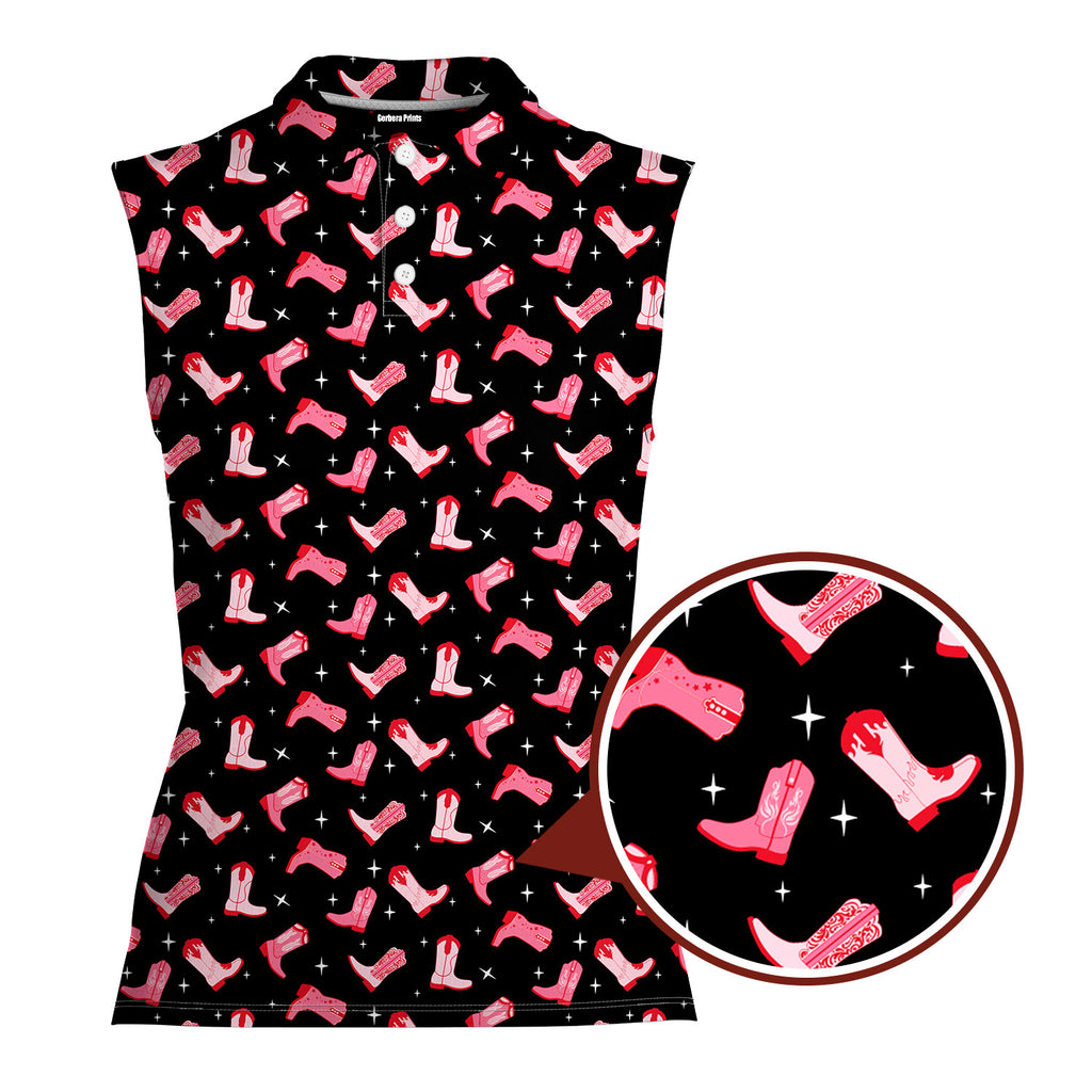 Western Tee Haw Let's Go Cowgirl Boots-Women Sleeveless Polo Shirt-Gerbera Prints