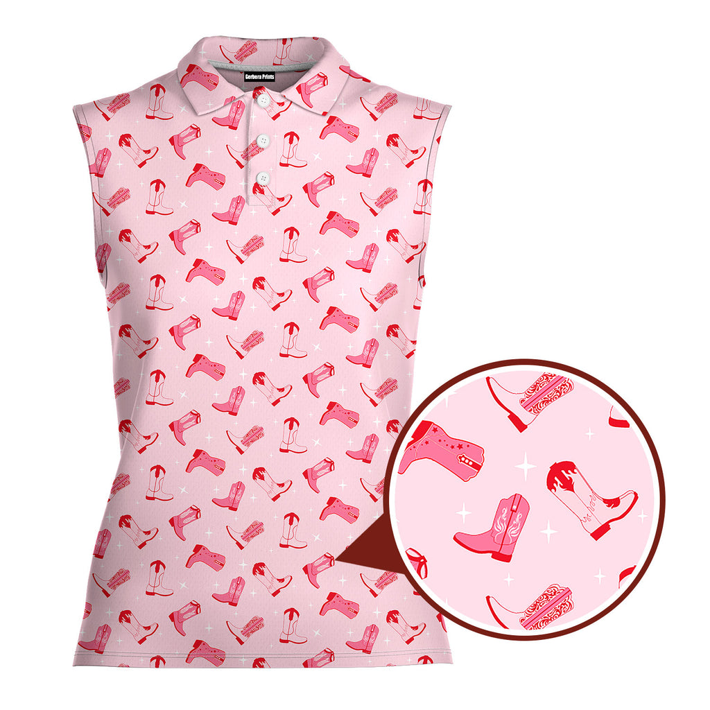 Western Tee Haw Let's Go Cowgirl Boots-Women Sleeveless Polo Shirt-Gerbera Prints