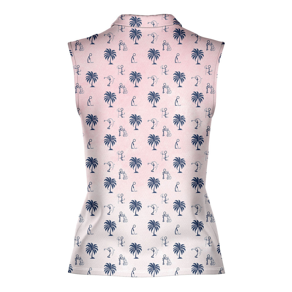 Funny Golf Stick Figures Pink Palm Tree-Women Sleeveless Polo Shirt-Gerbera Prints