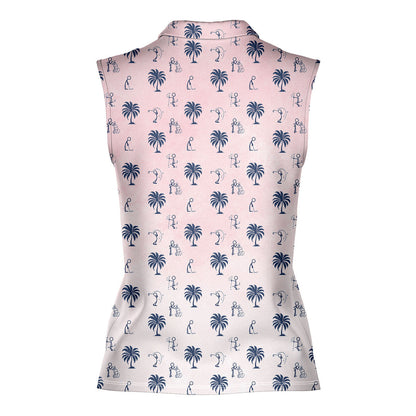 Funny Golf Stick Figures Pink Palm Tree - Ladies Sleeveless Golf Polo Shirt