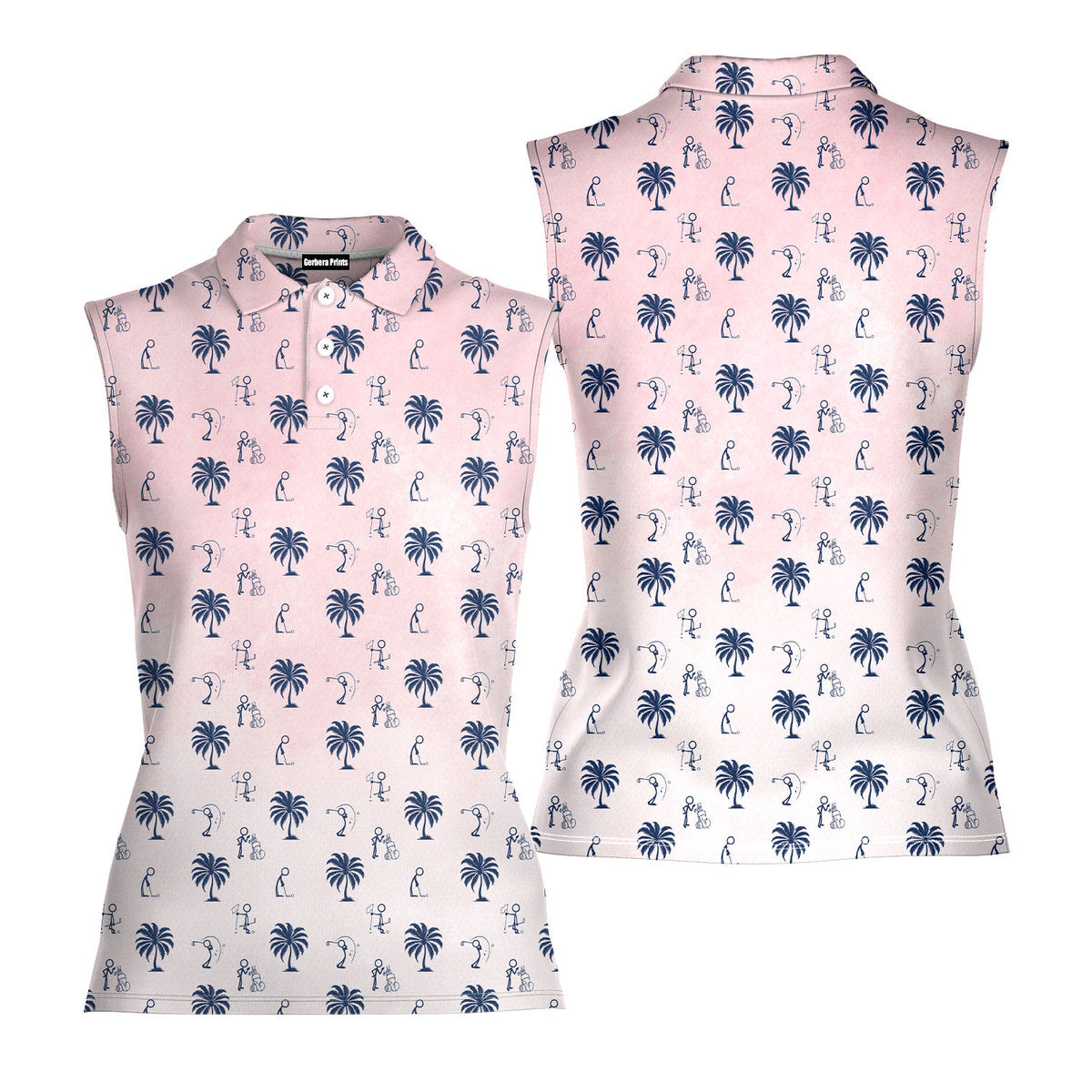 Funny Golf Stick Figures Pink Palm Tree-Women Sleeveless Polo Shirt-Gerbera Prints