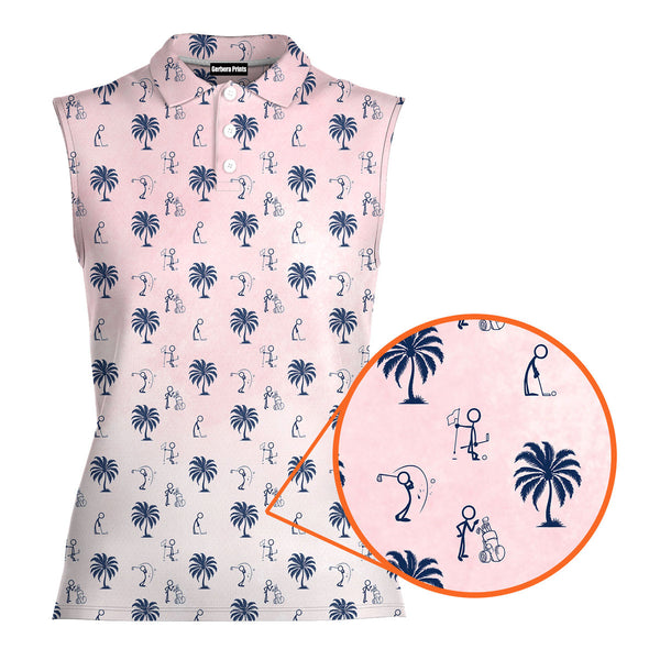 Funny Golf Stick Figures Pink Palm Tree - Ladies Sleeveless Golf Polo Shirt