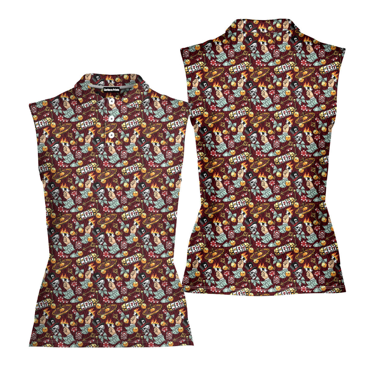 Lucky Skull Aloha-Women Sleeveless Polo Shirt-Gerbera Prints