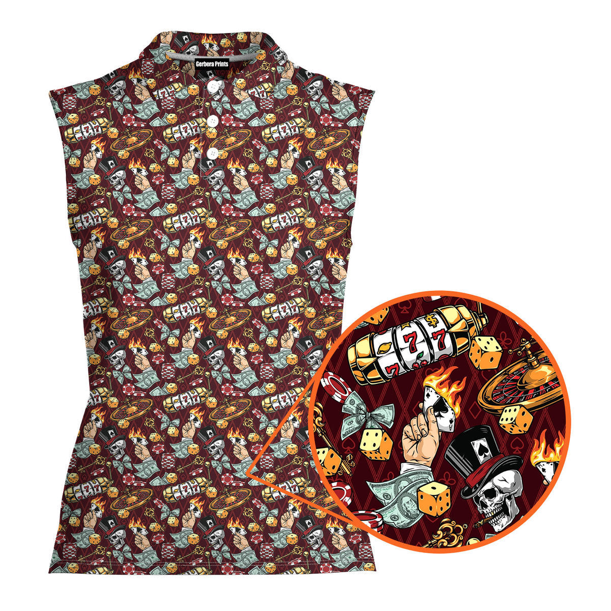 Lucky Skull Aloha-Women Sleeveless Polo Shirt-Gerbera Prints