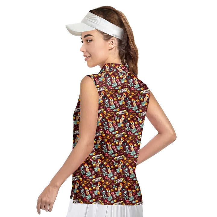 Lucky Dice Spades Gambling Skull Aloha - Ladies Sleeveless Golf Polo Shirt 