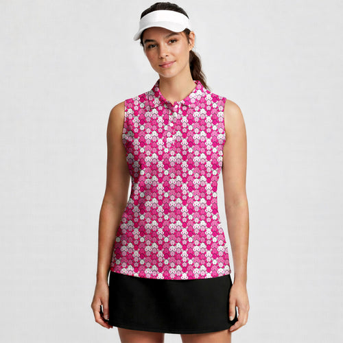 Pink Ribbon-Women Sleeveless Polo Shirt-Gerbera Prints