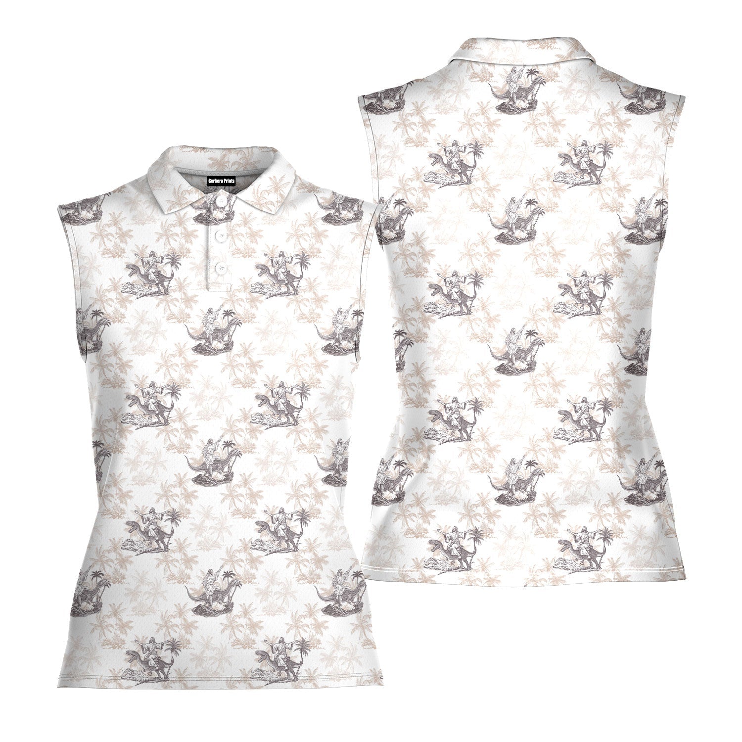 Jesus Riding Dinosaur-Women Sleeveless Polo Shirt-Gerbera Prints