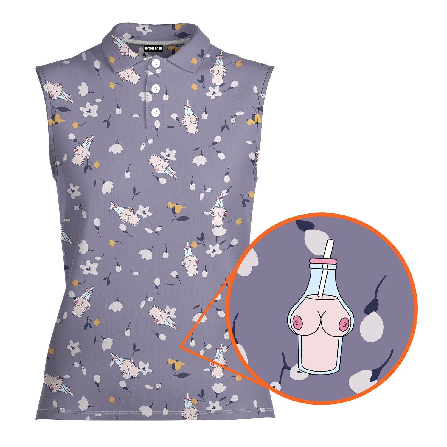 Milk Bottle-Women Sleeveless Polo Shirt-Gerbera Prints