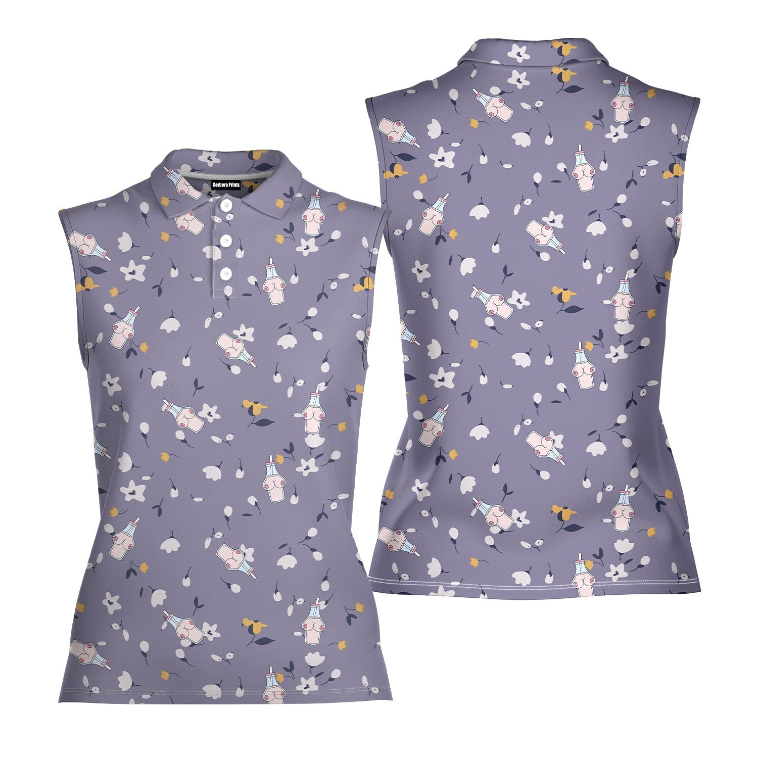 Milk Bottle-Women Sleeveless Polo Shirt-Gerbera Prints