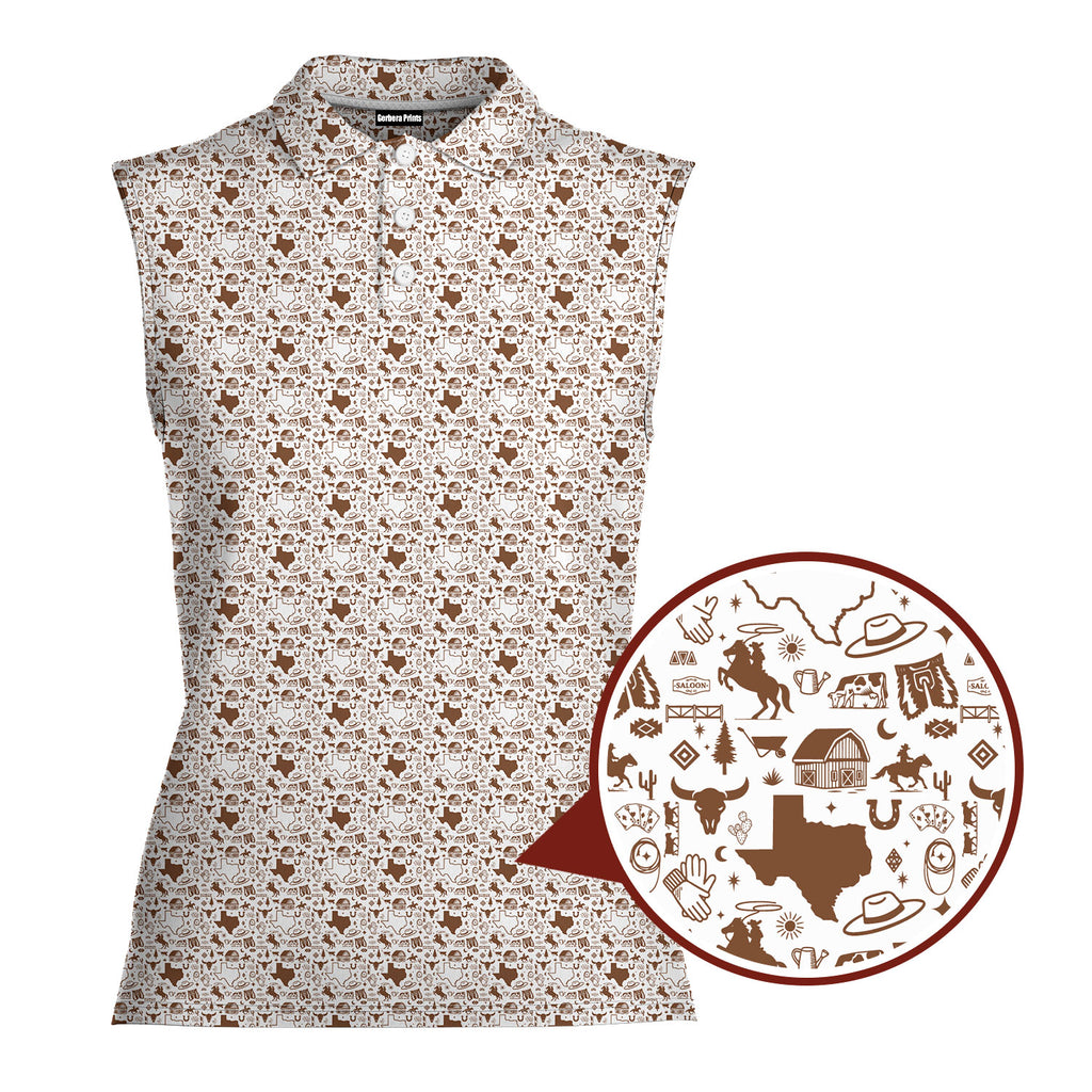 Lone Spur sleeveless golf polo for women in Brown, close-up of the Texas western print