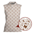 Lone Spur sleeveless golf polo for women in Brown, close-up of the Texas western print