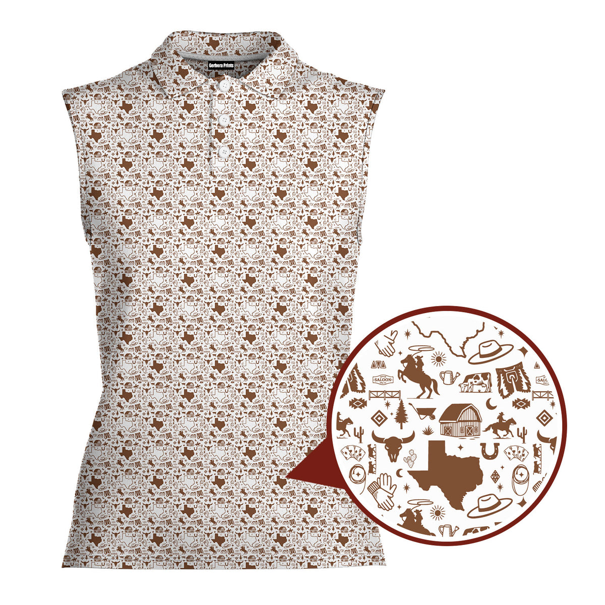 Lone Spur sleeveless golf polo for women in Brown, close-up of the Texas western print