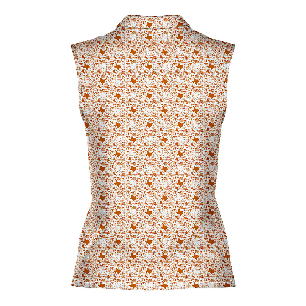 Lone Spur sleeveless golf polo for women in Orange, back flat lay